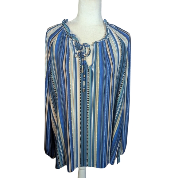 Susan Graver Blue and White Liquid Knit peasant Tie Front Blouse Sz XL - Picture 1 of 8